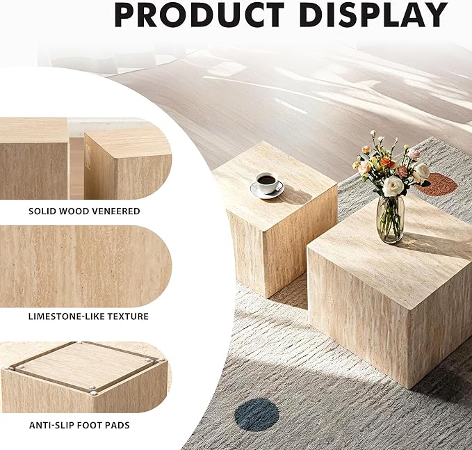Square Nesting Tables for Living Room, Wood Travertine Veneer Nesting Coffee - Image 3
