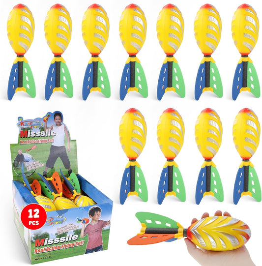 12 Pack Flying Foam Foam Missile Footballs with Tails, Sports Aero Pocket Flyers Toys for Kids Outdoor Backyard Activities, Games, Party Favors (9 Inches)