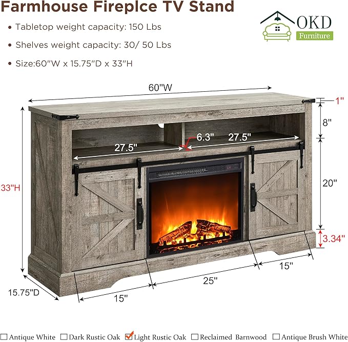 OKD Fireplace TV Stand for 65+ Inch TV, Rustic Media Console w/Sliding Barn - Image 6