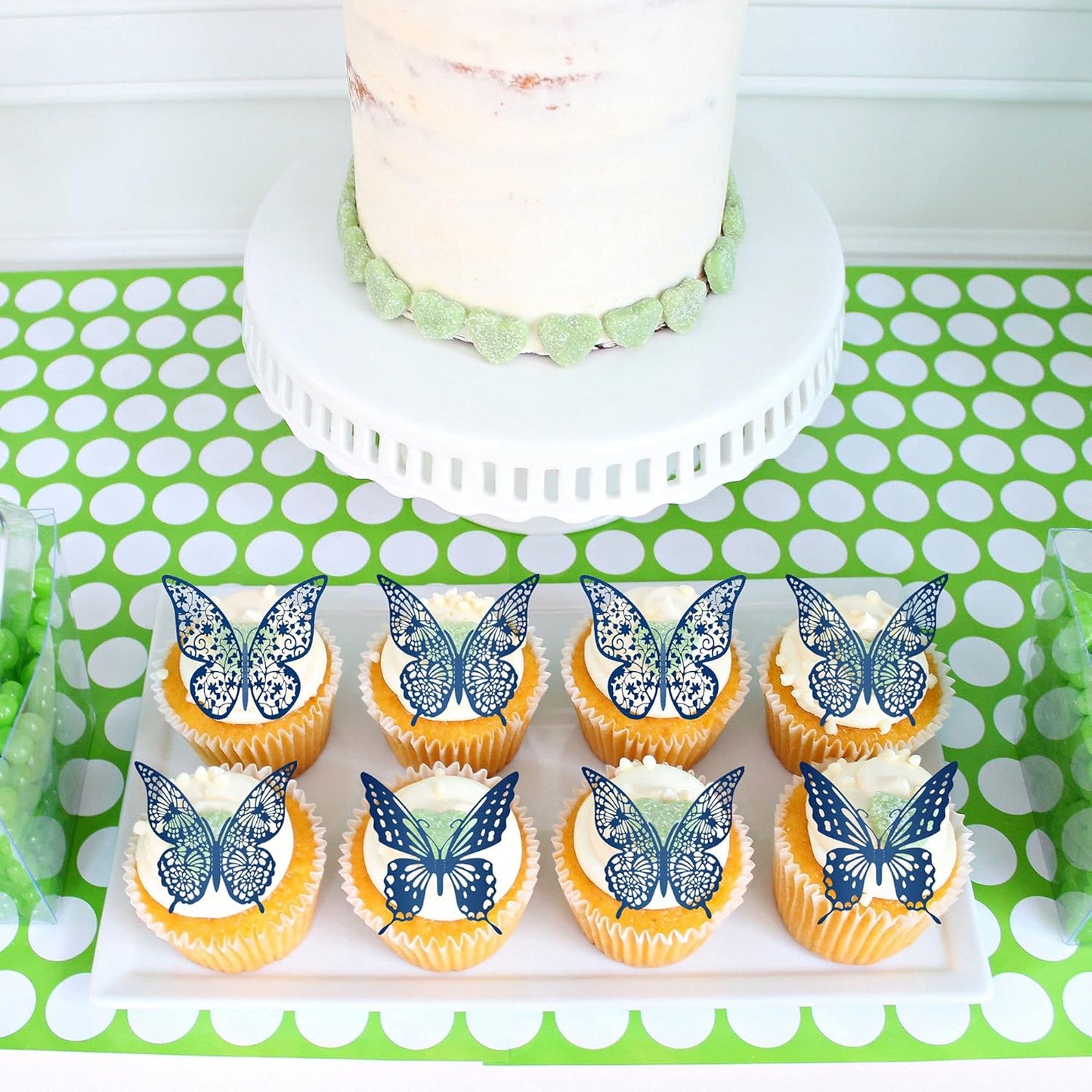 Gyufise Lively 3D Butterfly Cupcake Toppers - 36 Pack Hollow Cake Decorations for Birthday, Wedding, Fairy Party - Blue Glitter