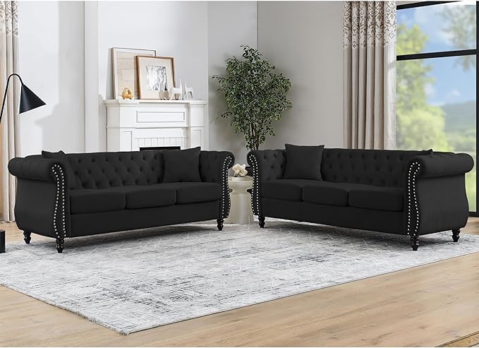 80" 2 Piece 3-Seater Velvet Chesterfield Sofa by Unknown