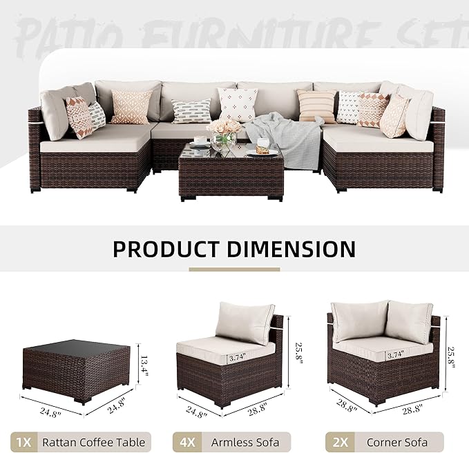 UPHA 7 Pieces Patio Furniture Sets, Wicker Outdoor Sectional Sofa Couch - Image 2