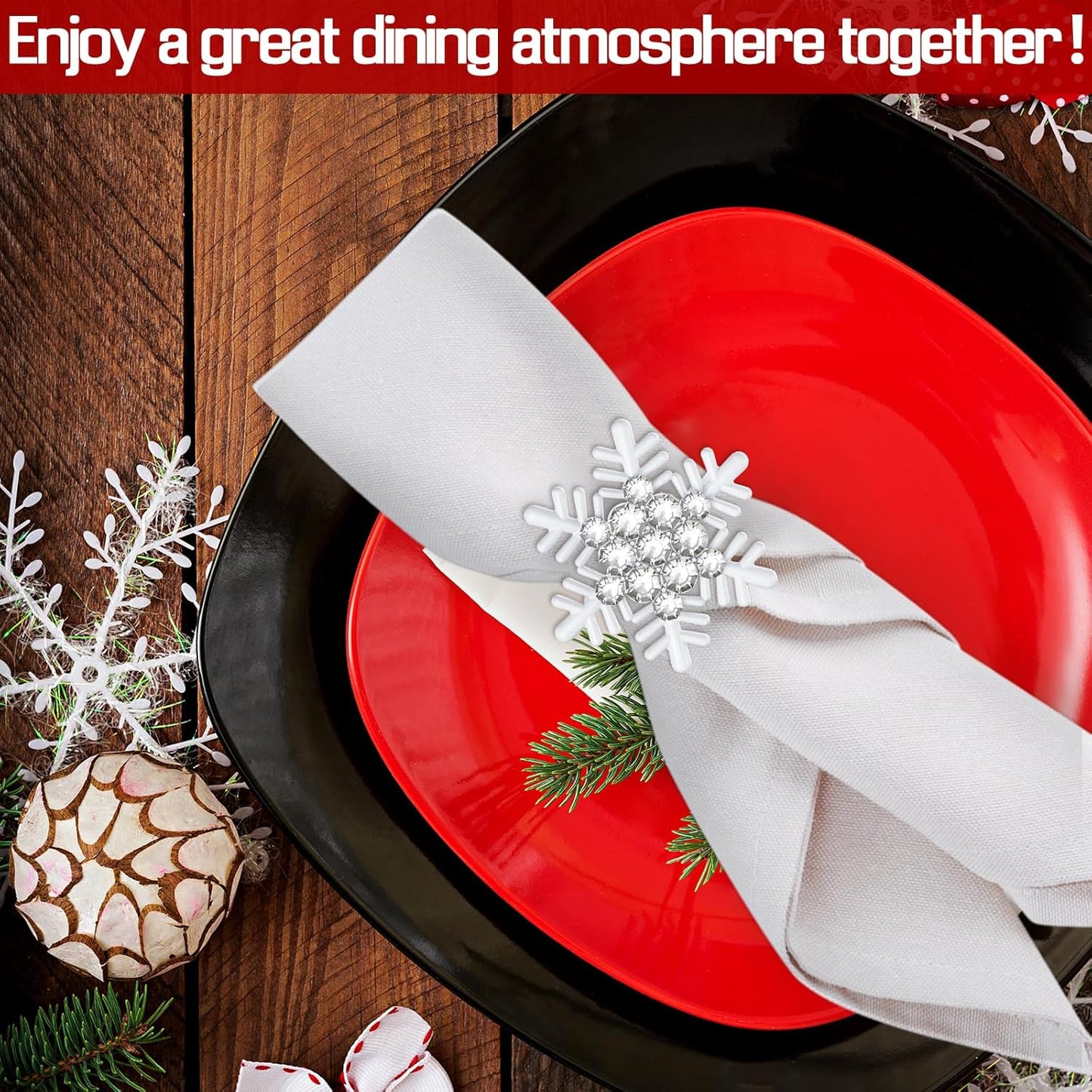 Halatool Christmas Napkin Rings Set of 8, White Snowflake with White Rhinestone Napkin Holder for Christmas Thanksgiving Winter Holiday Place Setting, Weddings, Party Table Decoration