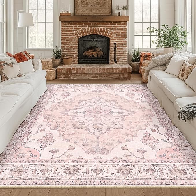 RELEANY Area Rugs Square 8ft Washable Non-Slip, Floral Vintage Distress Print by RELEANY