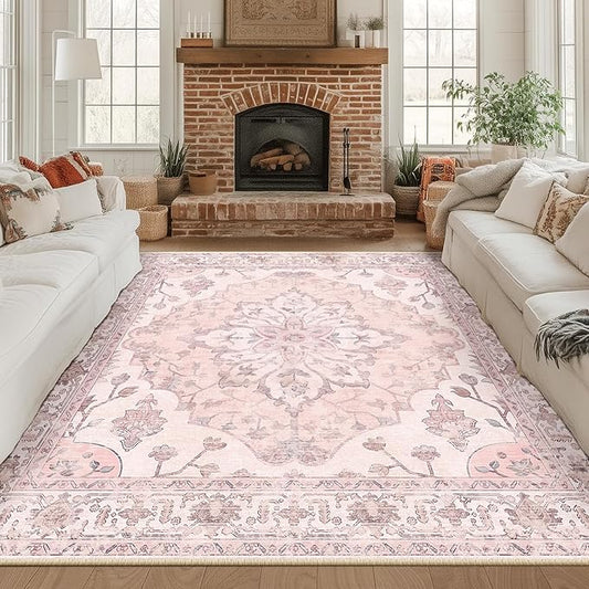 RELEANY Area Rugs Square 8ft Washable Non-Slip, Floral Vintage Distress Print by RELEANY