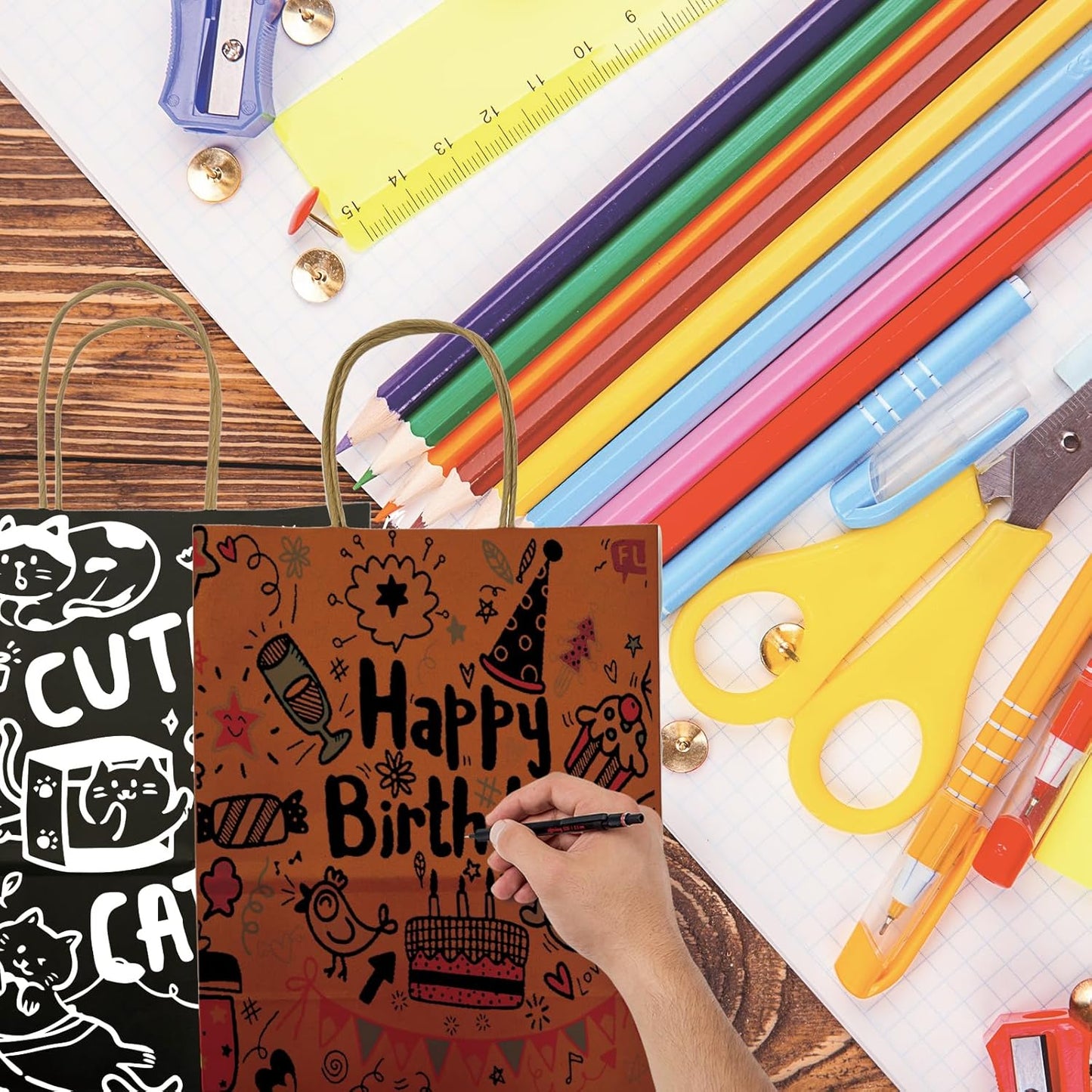 BAG BOX 50 Pack Small 5.9x3.1x8.25 Inch Orange Kraft Paper Gift Bags with Handles for Bulk Shopping, Retail, Craft, Party Favors, Wedding, Grocery & Sacks