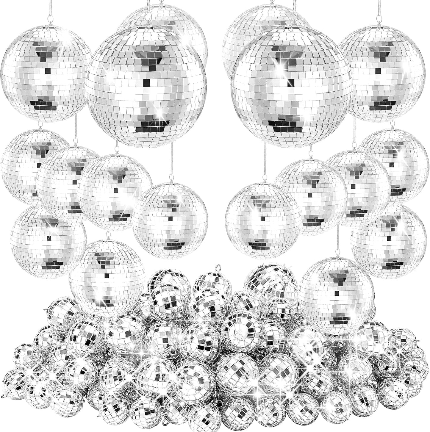 54PCS Mirror Disco Balls Set with 10m Fishing Line – Assorted Sizes Hanging Mini Silver Balls for Party, Wedding, Cake Toppers, Room & Classroom Decor