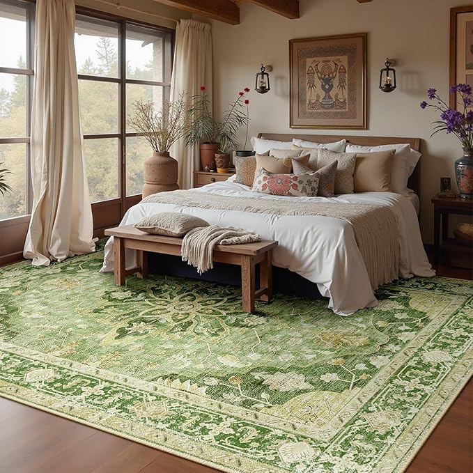 RELEANY Area Rugs 10'x12' Washable Non-Slip, Floral Vintage Distress Print by RELEANY
