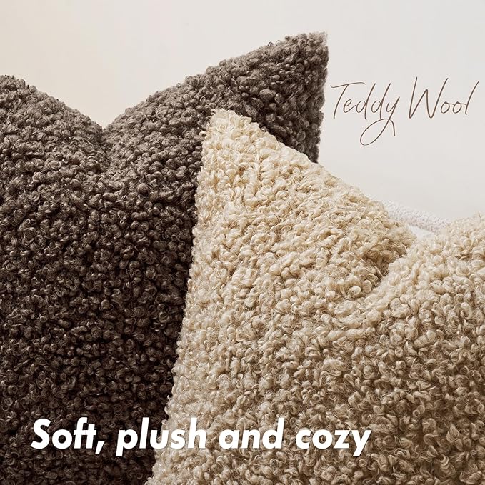 Faux Fur Throw Pillow Covers 24x24 Inch Set of 2 Boucle Neutral Decorative - Image 5