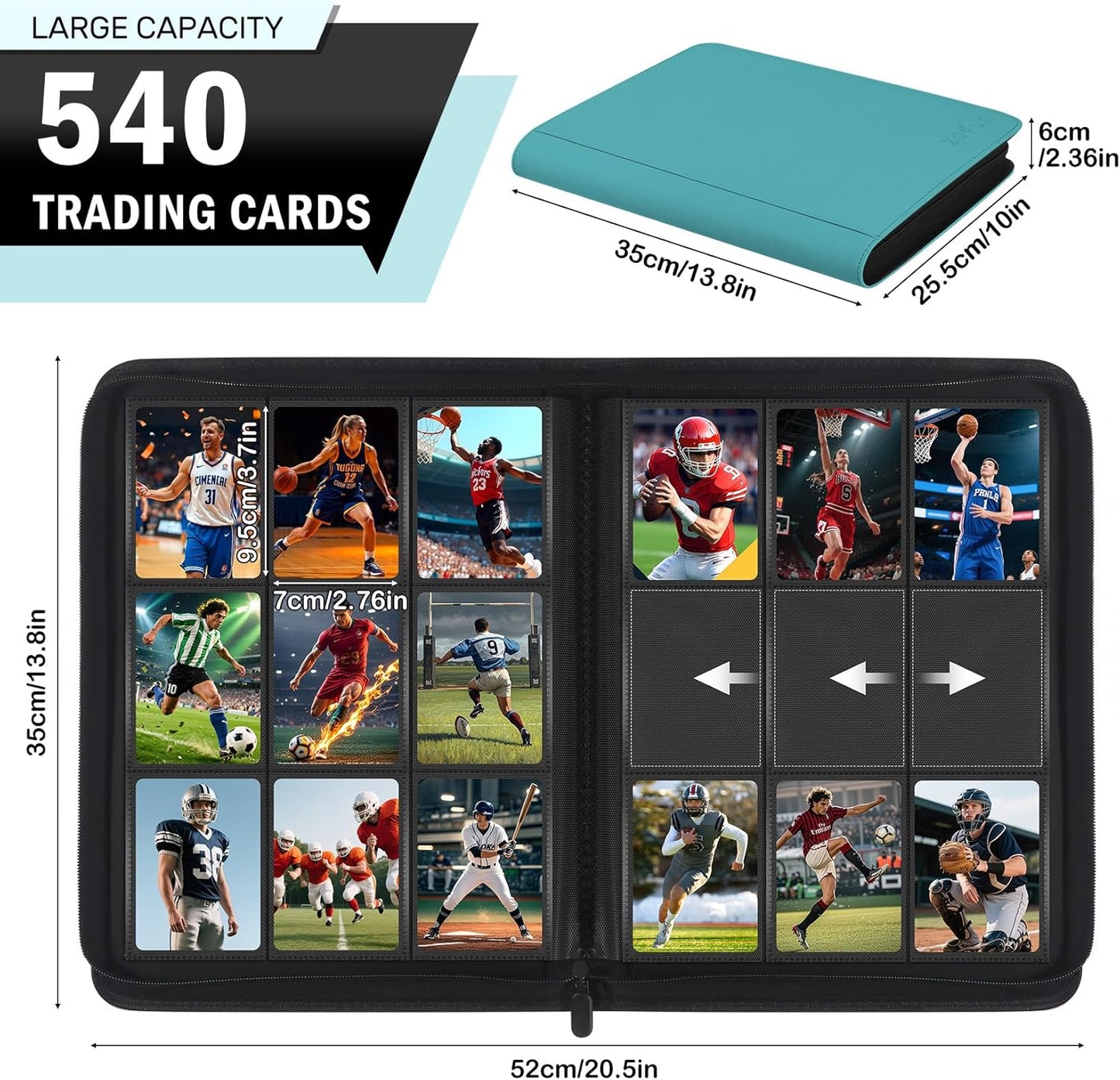 9 Pocket Card Binder, 540 Pockets Trading Card Binder, Double-sided Side Loading Collection Binder, Ringless Card Protector, Card Folder for MTG, TCG, Game Cards, Sport Cards, Teal