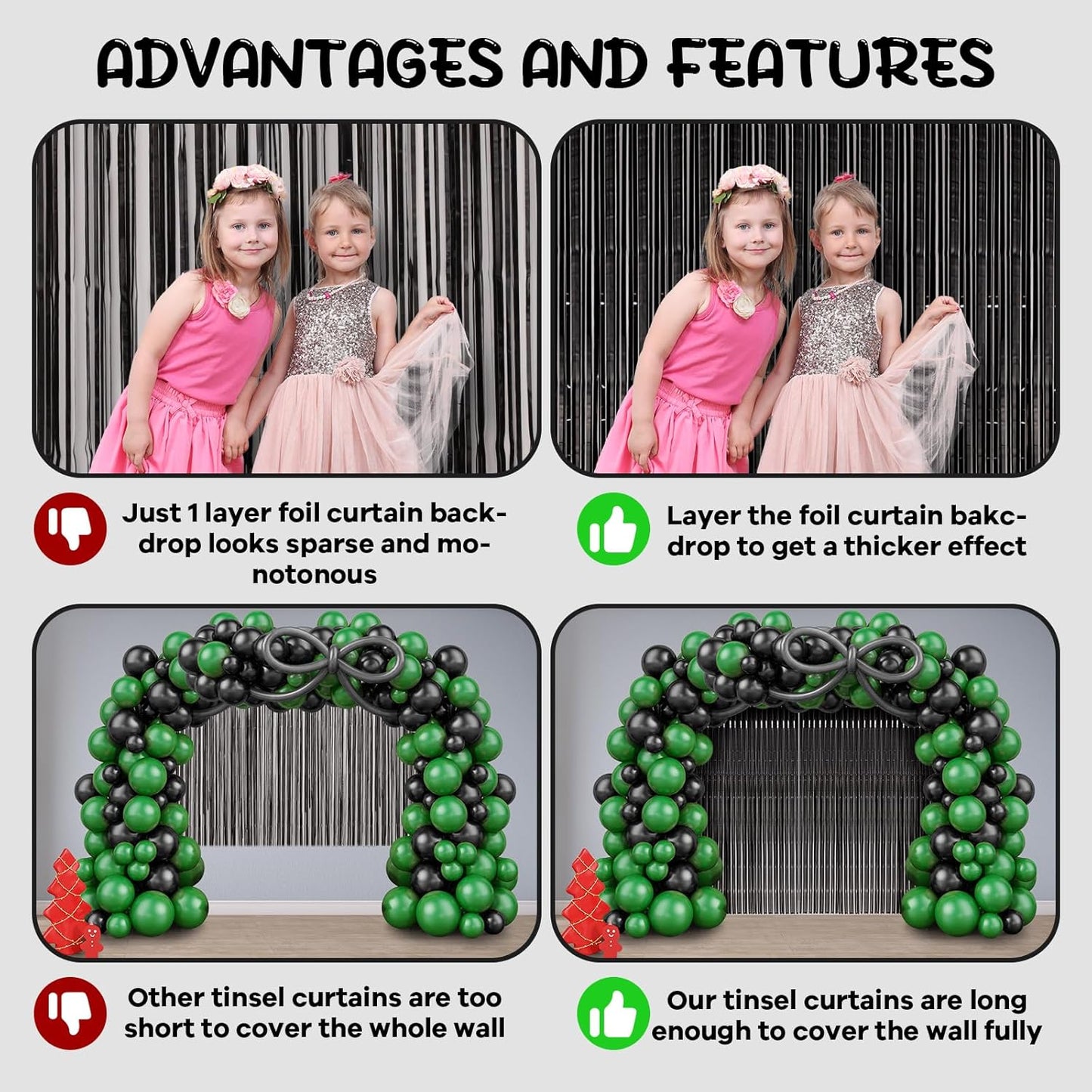 2 Pack Black Foil Fringe Backdrop Curtains, Tinsel Streamers Birthday Party Decorations, Fringe Backdrop for Graduation, Baby Shower, Gender Reveal, Disco Party