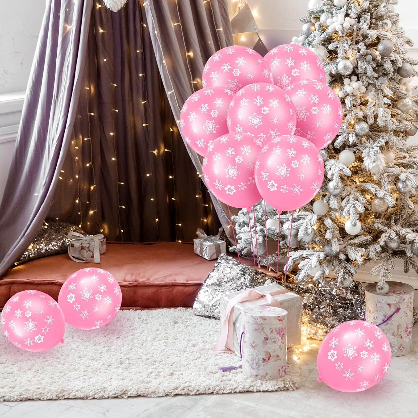 Skylety 40 Pieces Snowflake Balloons Bulk Winter Transparent Snowflake Latex Balloons for Christmas Birthday Wedding Party Decorations(Pink)