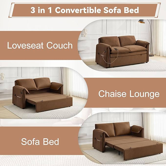 63" Velvet 3 in 1 Convertible Sleeper Sofa Bed, Pull Out Couch Bed Loveseat - Image 7