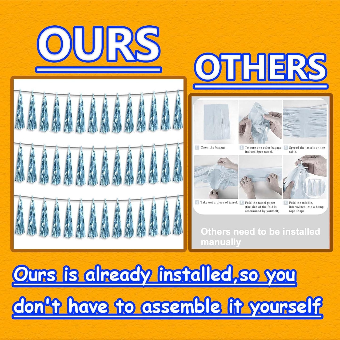 3P Metallic Fringe Tassel Banner Garland Foil Tinsel Streamer Wall Hanging Curtain Backdrop Banner for Parade Floats, Graduation Decorations, Wedding Party Decoration(Light Blue)