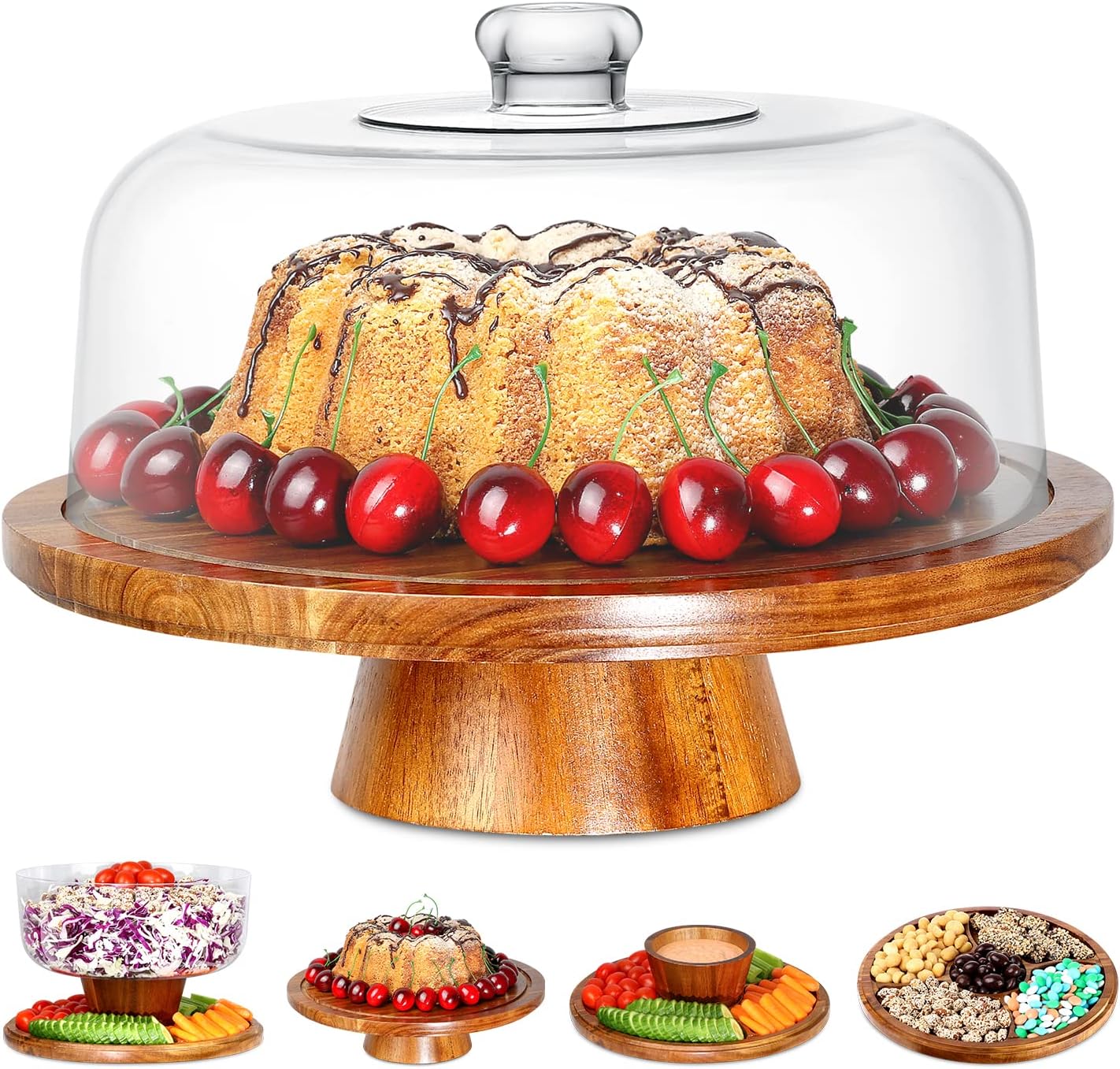 Homeries Acacia Wood Cake Stand with Lid, Cake Plate, (6 in 1) Multi-Functional Serving Platter, Large Cake Stand with Dome, Cake display stand with lid & Cake Dome - Use as Cake Holder, Cake Cover
