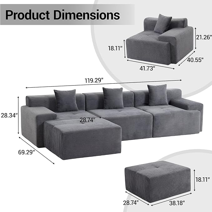 119'' Modular L-Shaped Boneless Sectional, Corduroy Deep Seat Cloud Sectional - Image 2