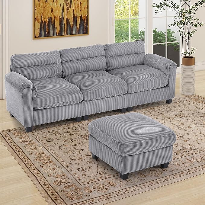 HAOMARKETS Corduroy 2-Piece Sofa Set, Upholstered Ottoman and 3-Seater Sofa by HAOMARKETS