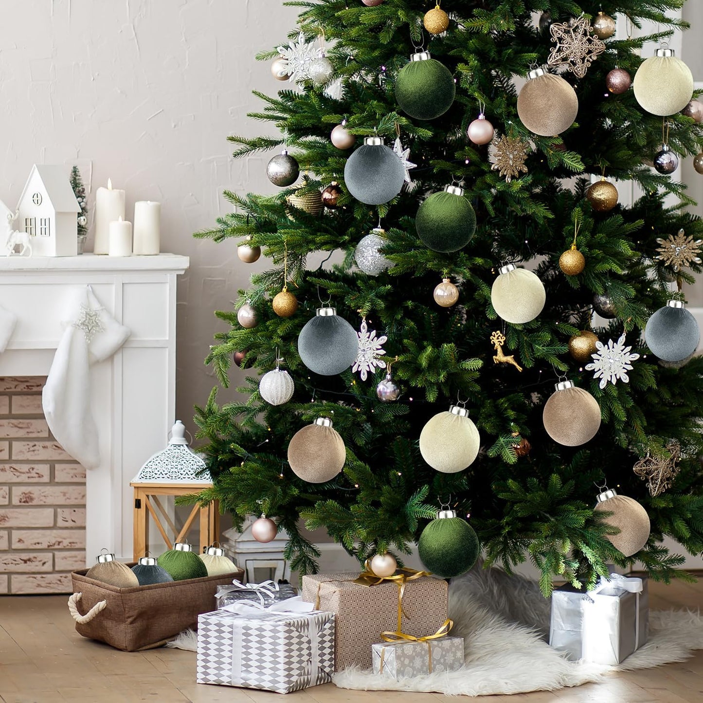 Velvet Ball Ornaments for Christmas Tree 15 PCS, Large Neutral Flocked Christmas Bulb Ornaments Set - Earth Tone Decorative Hanging Baubles, Shatterproof Xmas Decor for Holiday (Multicolor, 3.15 Inch)