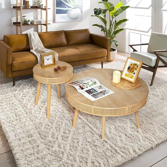 RUSTOWN 2-Piece Farmhouse Coffee Table, Modern Rustic Sofa Side Tea Tables - Image 5