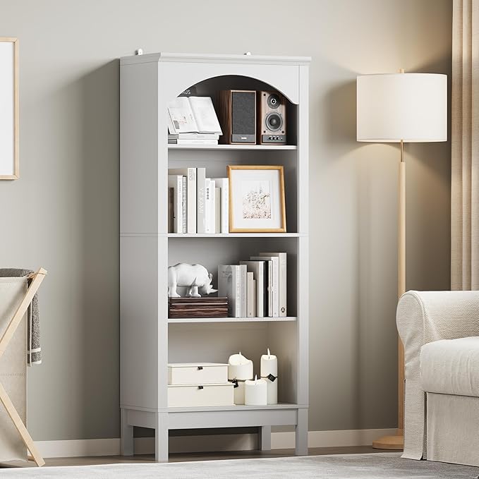 Arched Bookshelf with 4 Tier Open Shelves, Study and Living Room, Modern White - Image 7