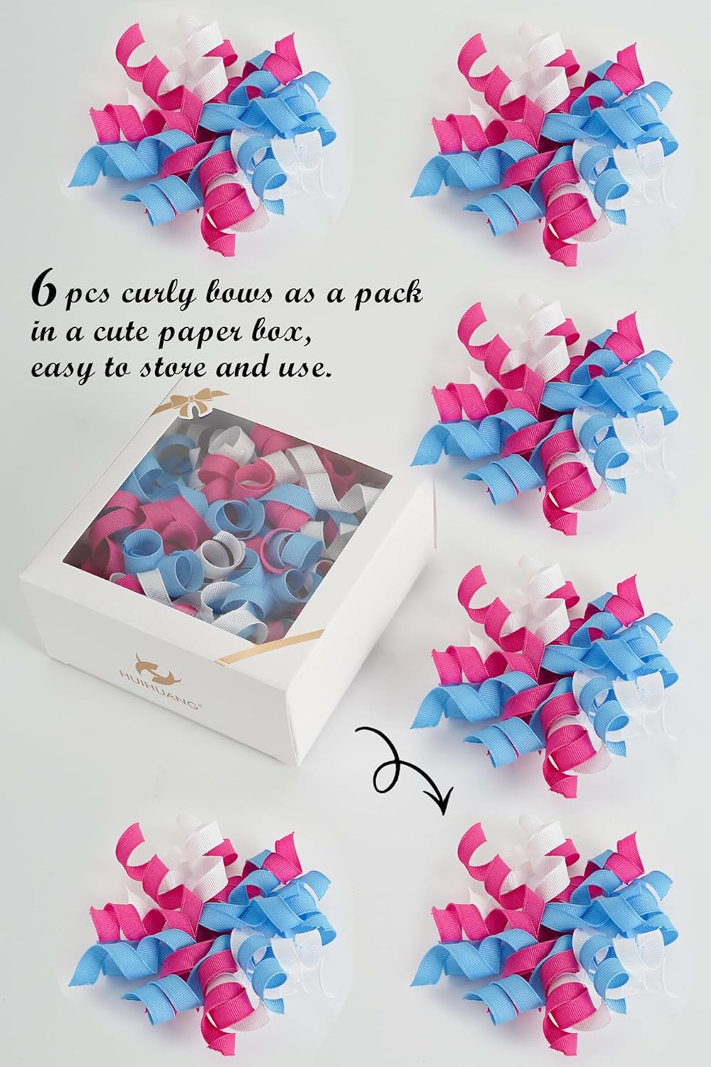 HUIHUANG Baby Shower Bows for Gift Wrapping, Blue/Pink/White Curly Ribbon Bows Self Adhesive Burst Gift Bow for Gender Reveal Party, Baby Shower Favors, Wine Bottle, Treat Bags - 6 Counts