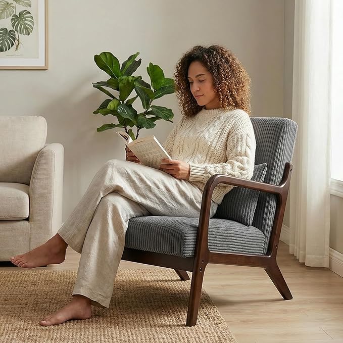 Mid Century Modern Accent Chair, Upholstered Corduroy Armchair - Image 8