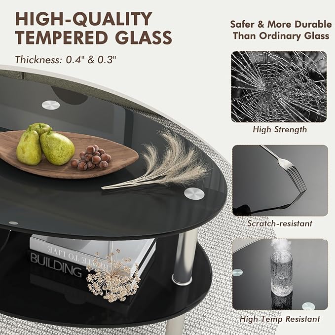 Tangkula Glass Coffee Table, 2-Tier Modern Oval Smooth Glass Tea Table End Table - Image 7