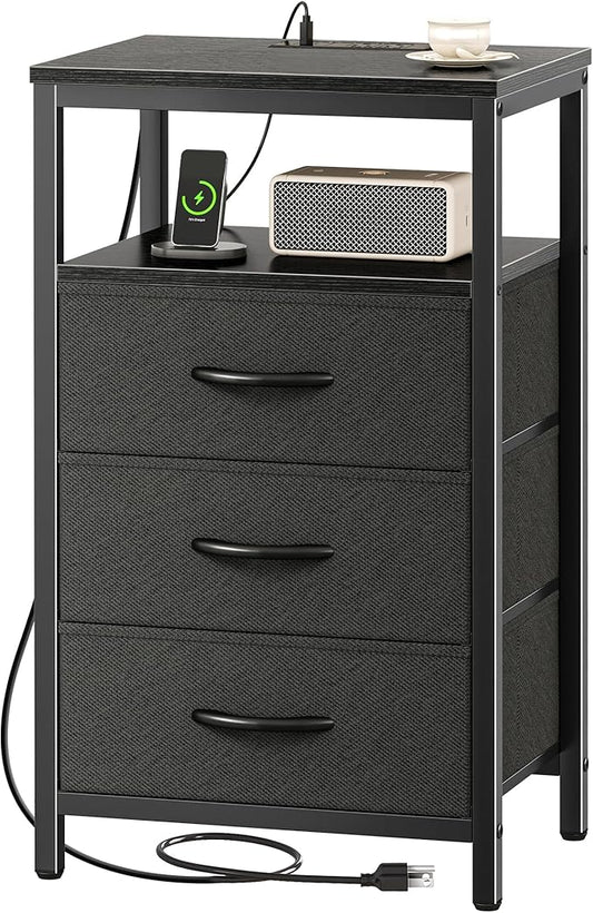 Huuger Nightstand with Charging Station, 27.6 Inch Side Table with Fabric by Huuger