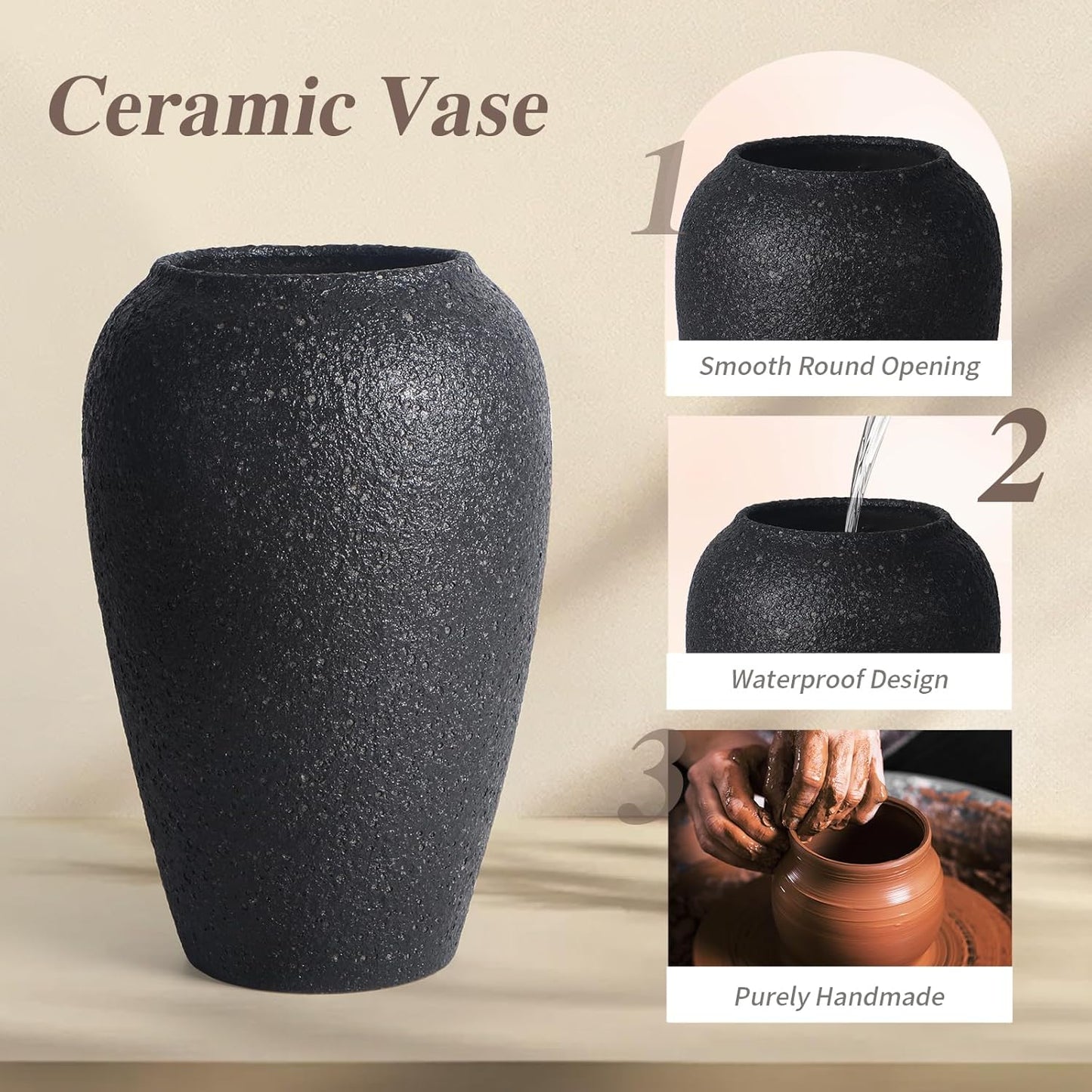 Large Rustic Vase for Flowers,10'' Black Farmhouse Ceramic Vases for Home Decor, Minimalist Decorative Tall Vase for Living Room, Entryway, Shelf, Premium Pottery Clay Table Centerpiece Decor
