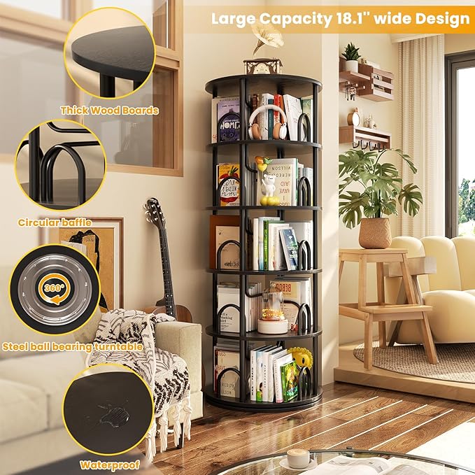 Aheaplus 5 Tier Rotating Bookshelf Tower, 360 Display Spinning Bookcase - Image 4