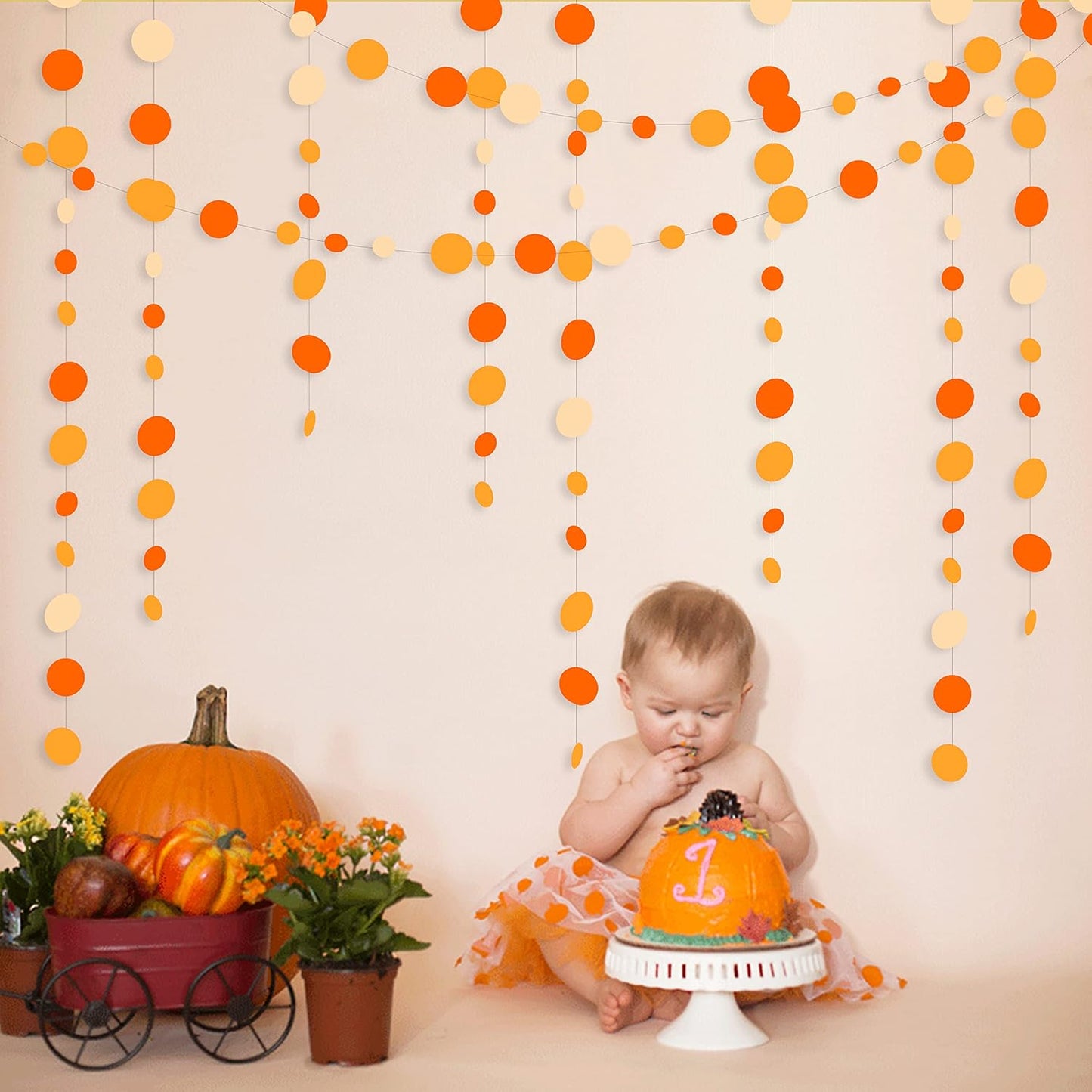 46 Ft Thanksgiving Fall Autumn Circle Dots Garland Gradient Orange Polka Dot Hanging Paper Streamer for Orange Wedding Bridal Shower Birthday Baby Shower Engagement Harvest Party Decorations Supplies