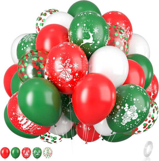 Christmas Balloons, 12 Inch Green Red White Xmax Balloons with Deer Christmas Tree Printed Balloons Red Green Confetti Balloons for Christmas Party Baby Shower Birthday Decorations Supplies