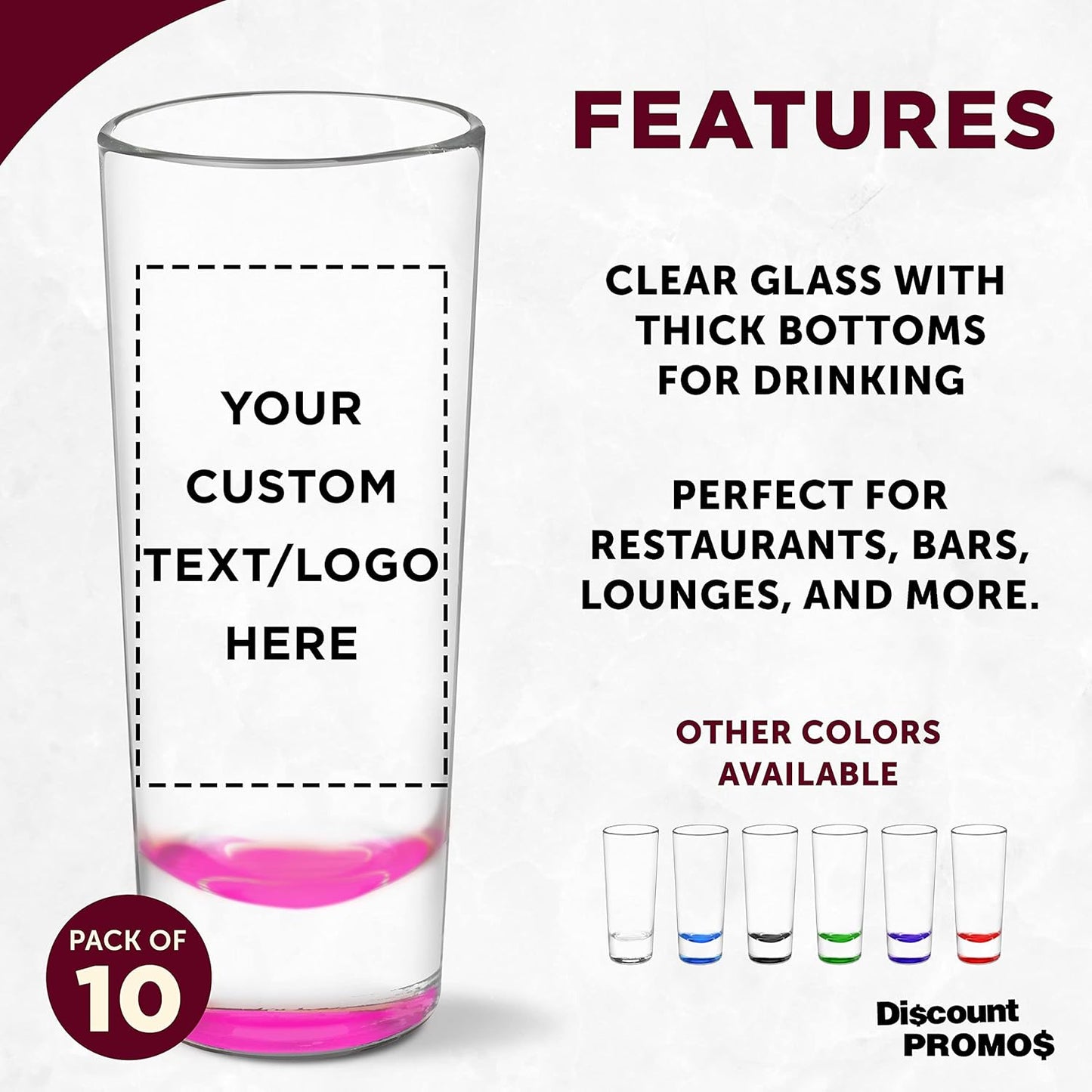 Custom Cordial Shooter Shot Glasses 2 oz. Set of 10, Personalized Bulk Pack - Great for Birthdays, Parties, Indoor & Outdoor Events - Pink