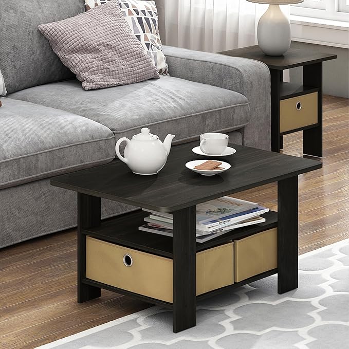 Furinno Coffee Table with Bins, Espresso/Brown - Image 2