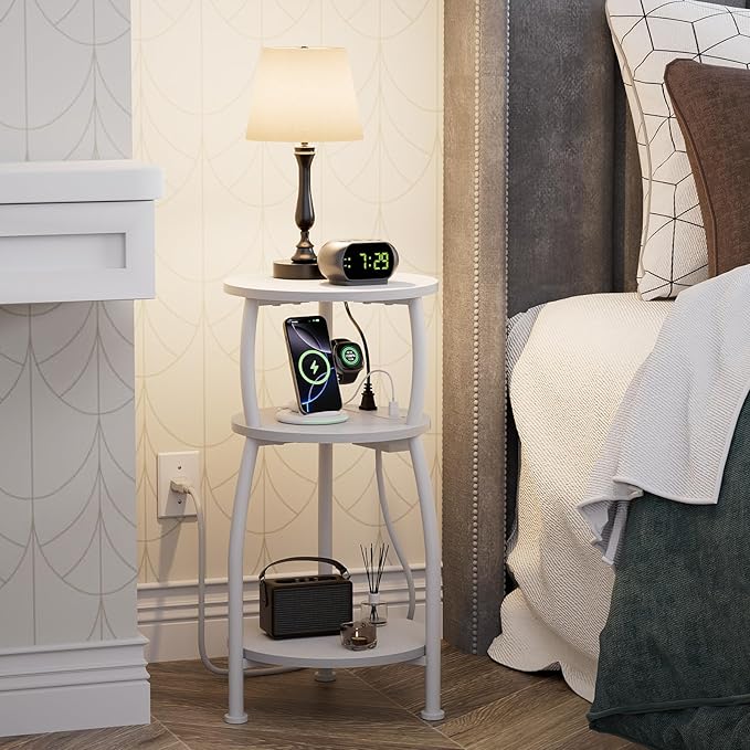 Round Side Table with Power Outlet & USB Ports, 3-Tier End Table with Storage - Image 2