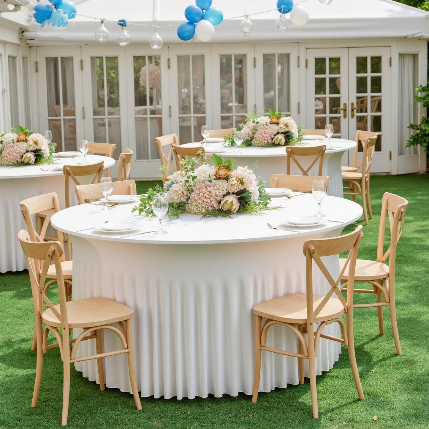 2 Pack Ivory Spandex Round Tablecloths for 60 inch Tables, Wrinkle Free Stretchy Fitted 120inch Round Table Covers 5FT with Ruffle Table Skirt for Wedding Party Dining Banquet Dinning