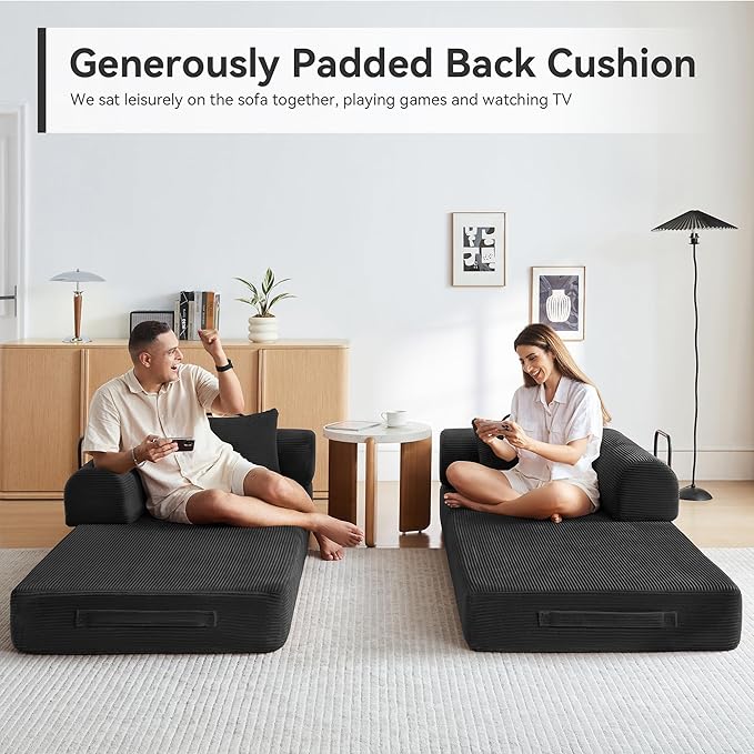 Convertible Sleeper Bed with 2 Cylindrical Pillow, Comfy Foldable Bed - Image 7