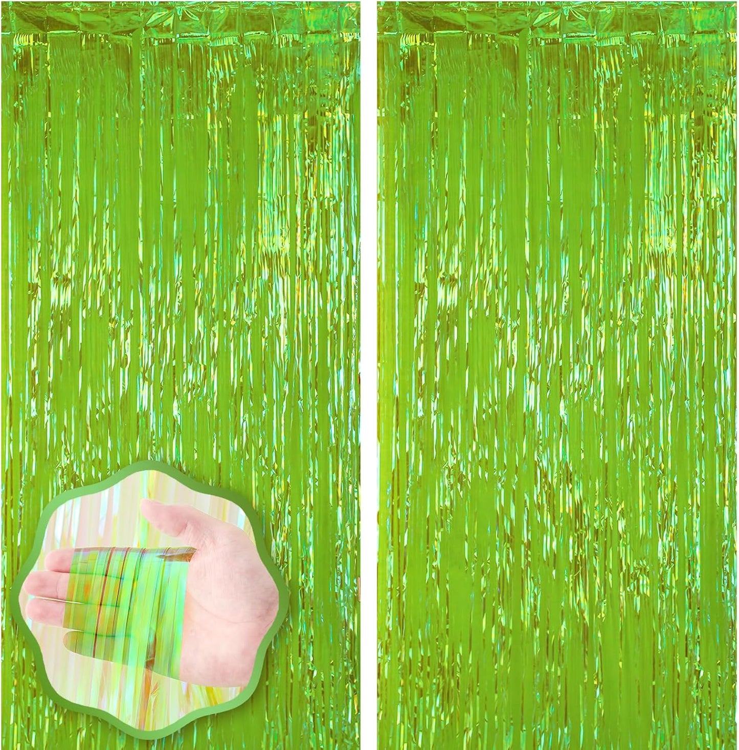2 Pack 3.3x8.2 Feet Neon Green Foil Fringe Backdrop Curtains, Tinsel Streamers Birthday Party Decorations, Fringe Backdrop for Graduation, Baby Shower, Gender Reveal, Disco Party