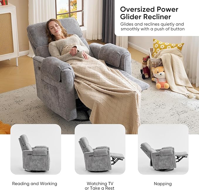 Oversized Power Recliner Chair, Chenille Glider Rocking Nursery Chair - Image 7