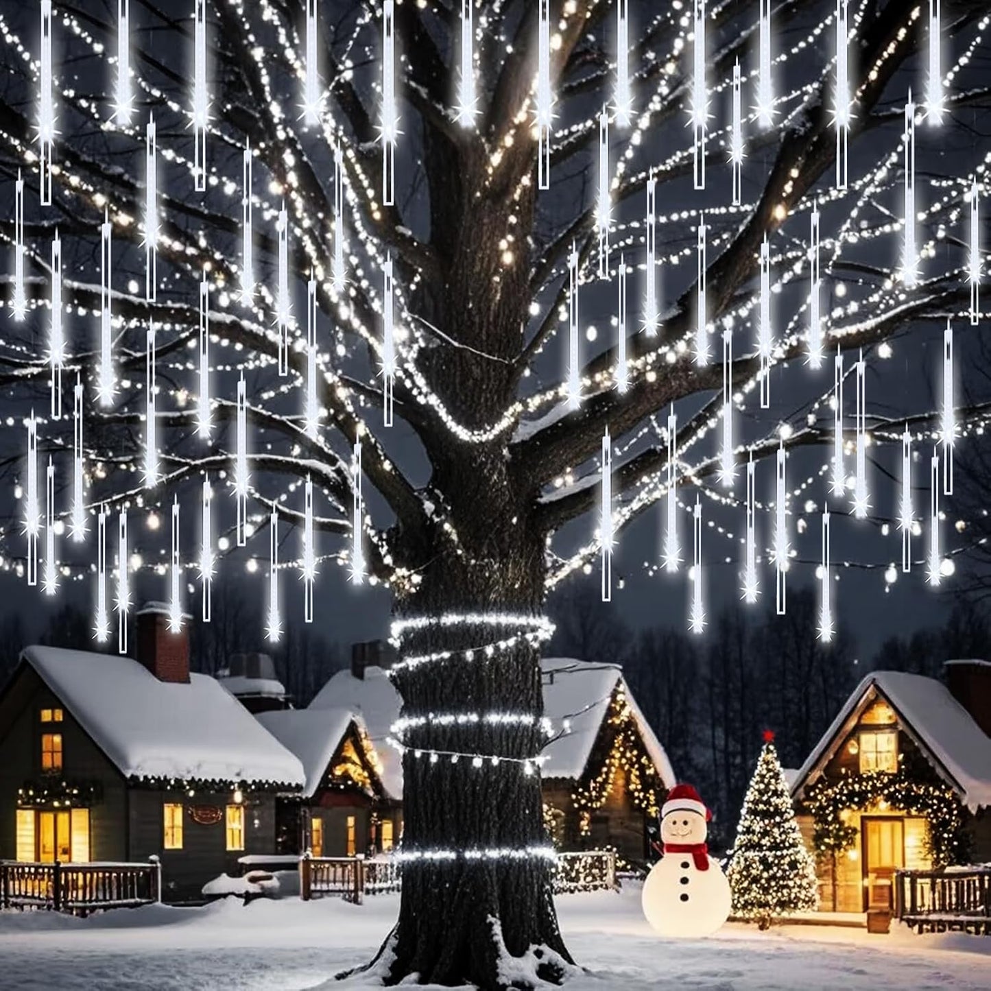 Christmas Lights Outdoor UL Certified Meteor Shower Lights 12 Inch 8 Tubes 192 LED Falling Rain Drop Icicle Snow Cascading Light for Xmas Tree Wedding Party Garden Decoration, White