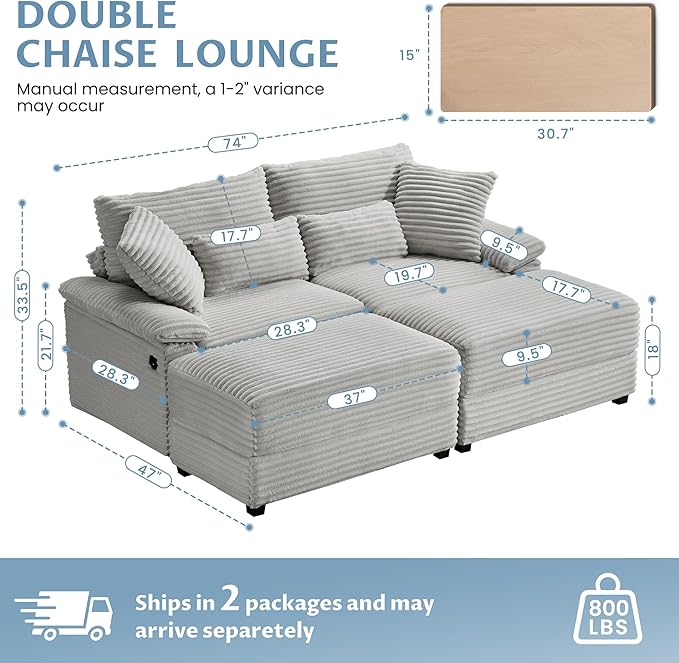 SUNWAVE 74" W Double Chaise Lounge Chair Indoor, Oversized Loveseat - Image 2