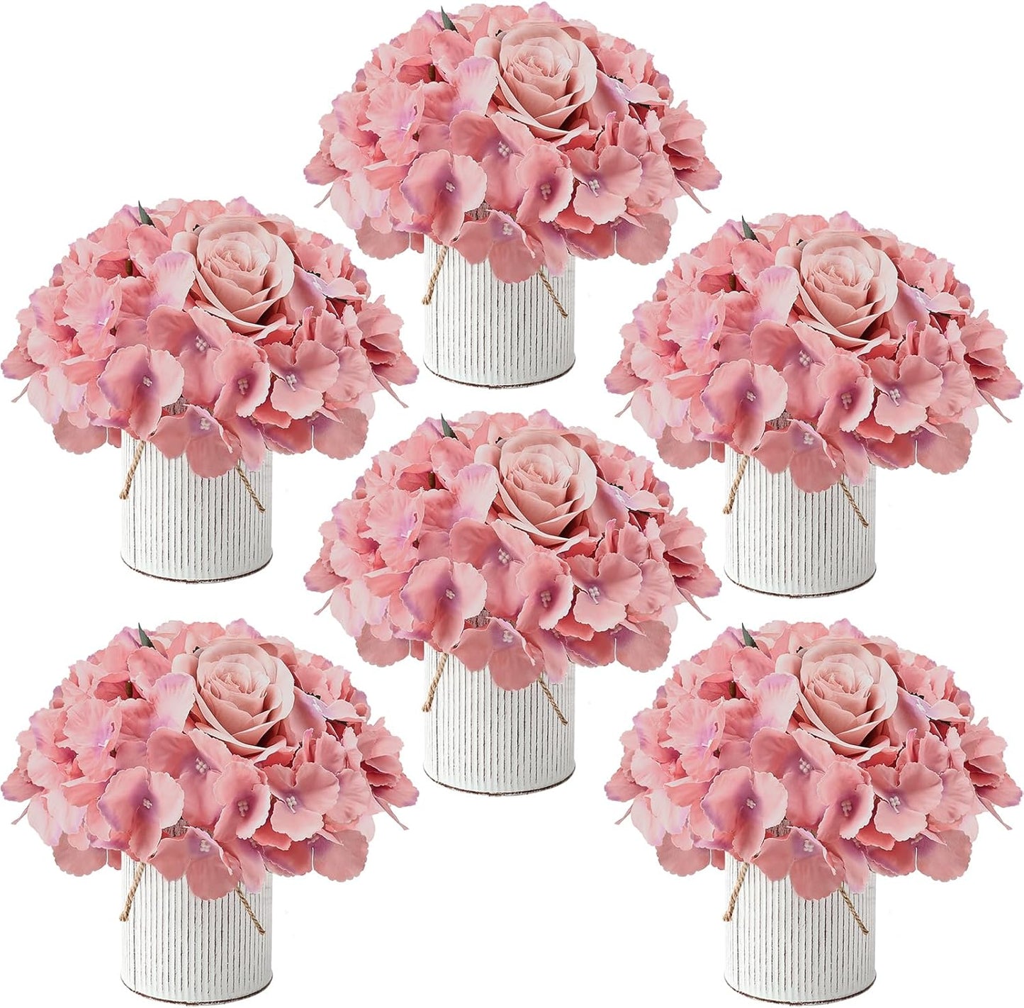 Flower Table Centerpieces - Set of 6 Floral Arrangement Artificial Wedding Hydrangeas Floral Arrangement with Rustic Metal Vase for Bridal Tea Party Event Decorations - Deep Pink
