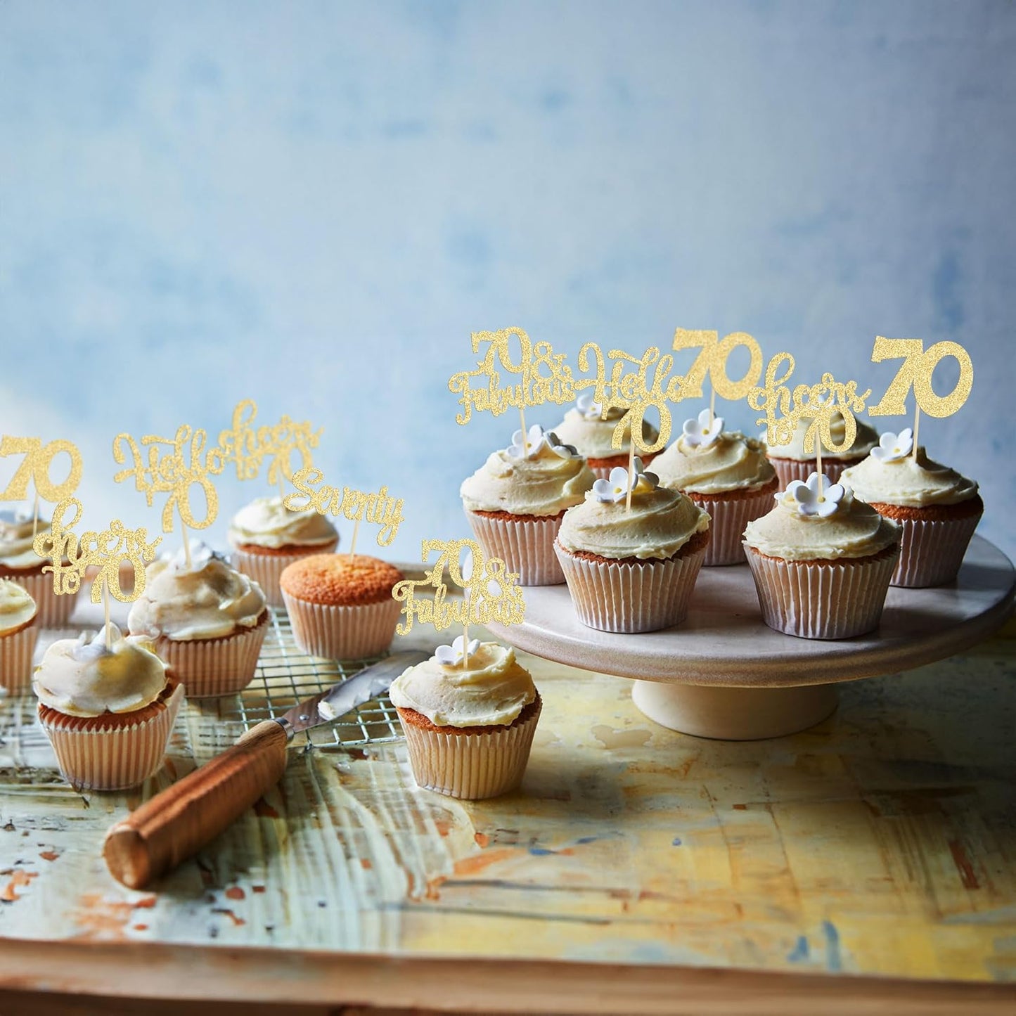 30Pcs Happy 70th Birthday Cupcake Toppers Seventy Cheers to 70 Years Old Birthday Cupcake Picks for 70th Birthday Anniversary Party Cake Decorations Supplies Gold Glitter