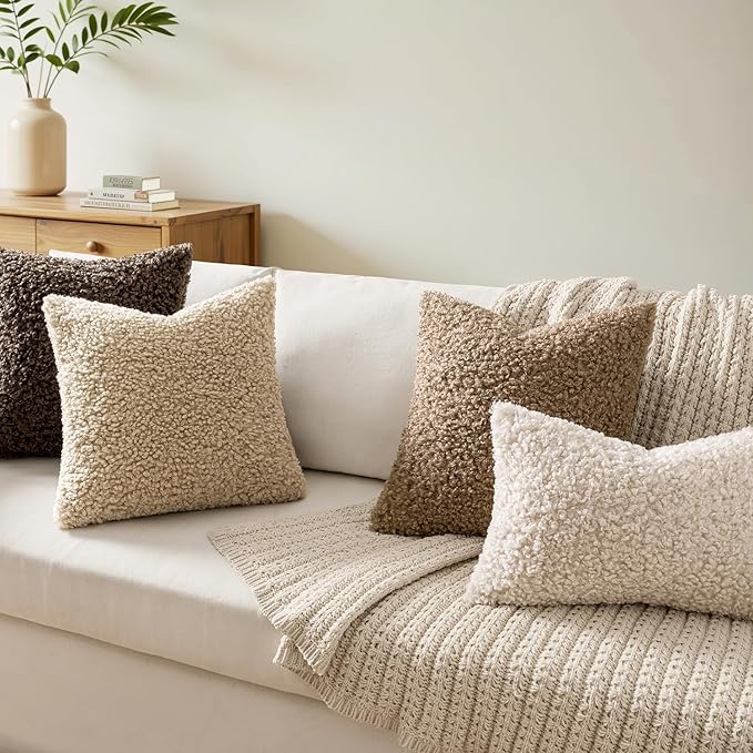 Faux Fur Throw Pillow Covers 20x20 Inch Set of 2 Boucle Neutral Decorative - Image 4