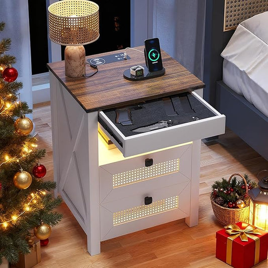 Nightstand with Gun Drawer, Rattan Bedside Table with Charging Station by ACTKISS