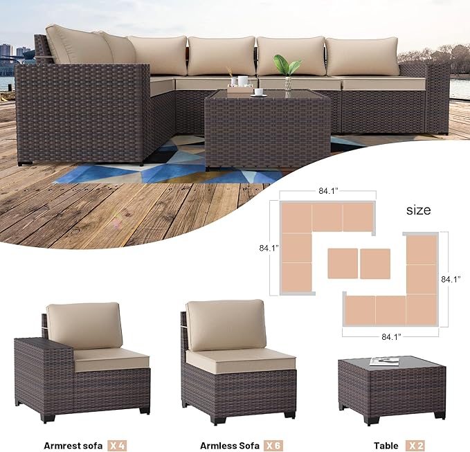 Kullavik Outdoor Patio Furniture Set, 12 Pieces Sectional Rattan Sofa Set Brown - Image 6