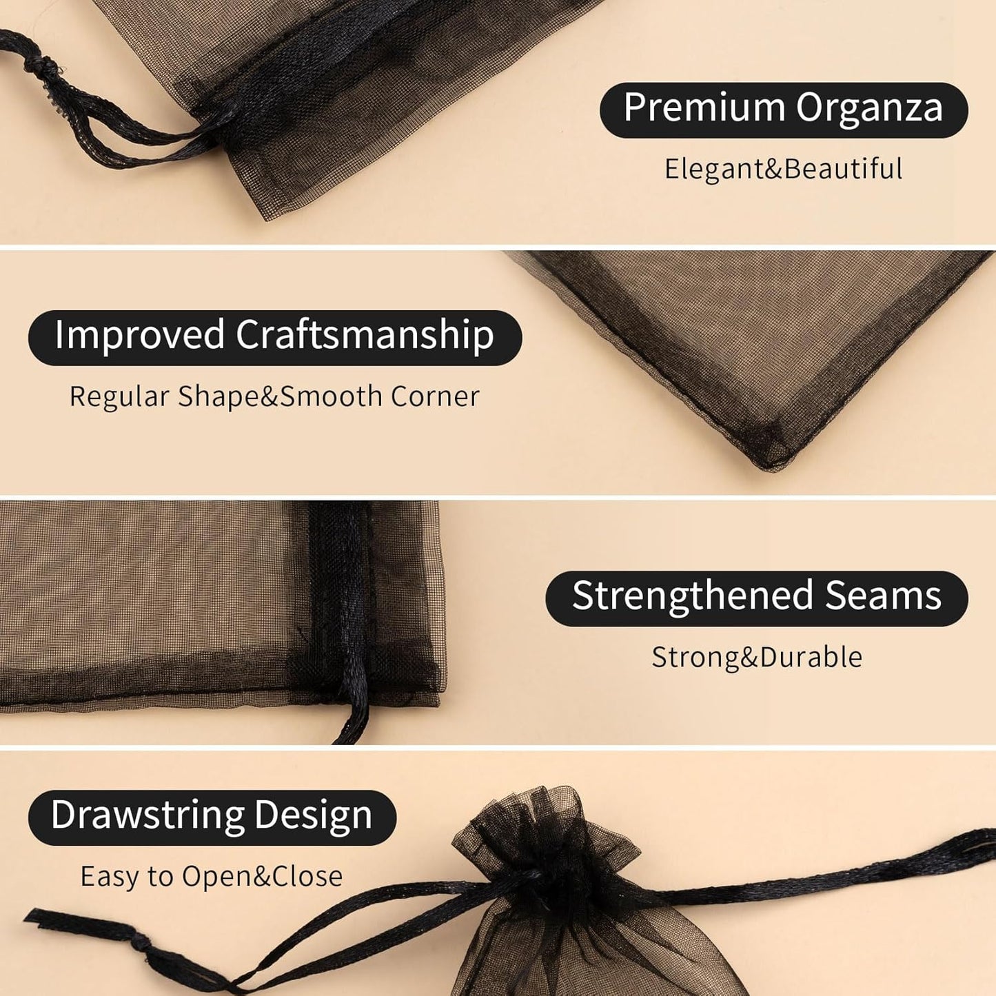 50 Pcs Organza Bags 3x4 Inch, Small Mesh Bags Drawstring Gift Pouches for Jewelry Candy Party Favor Christmas(Black)