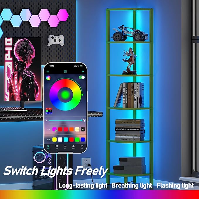 TUTOTAK Corner Shelf with LED Light, 6-Tier Corner Bookshelf - Image 5