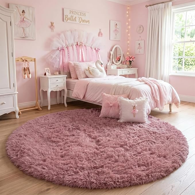 Blush Fluffy Round Rug 5Ft for Bedroom, Fuzzy Plush Circle Area Rugs for Baby - Image 2