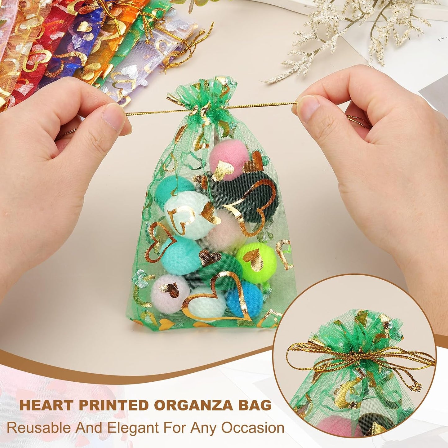 PATIKIL 100 Pcs 4x6 Inch Heart Printed Organza Bags, Gold Silver Sheer Heart Organza Bags with Drawstring for Christmas Candy Jewelry Party Wedding Favor Gift